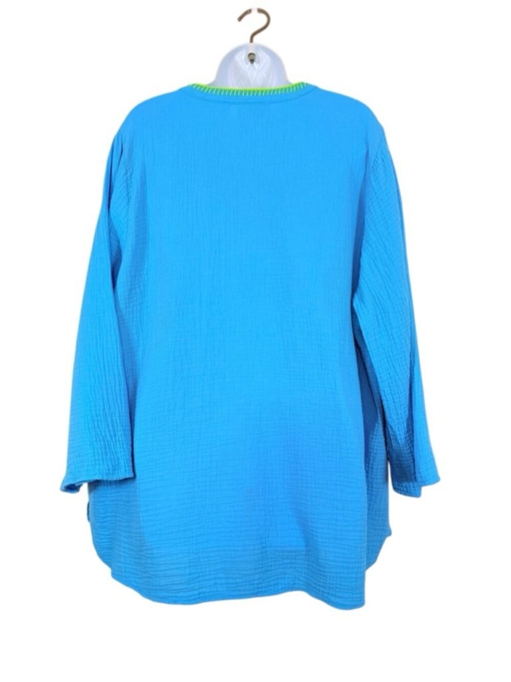 Blue Gauze Tunic Top Neon Stitch Trim XL Boho 100%Cotton - Picture 5 of 6